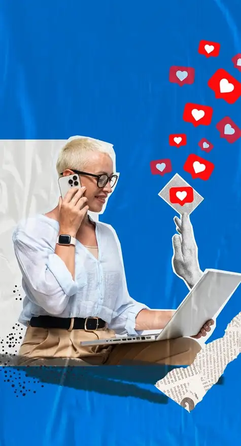 Mujer con laptop y corazones